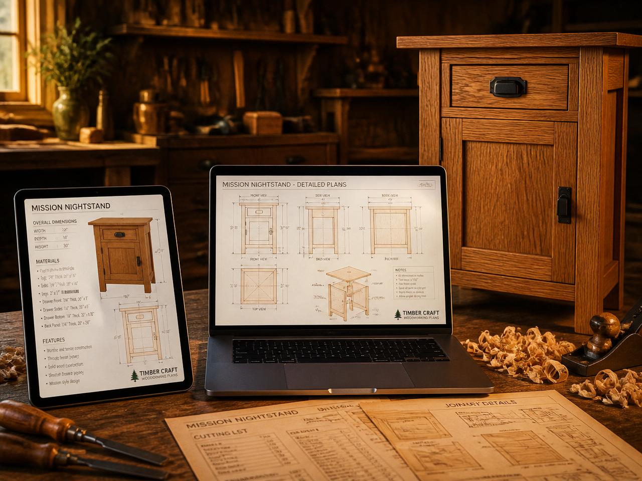 Pacote com mais de 900 projetos de marcenaria exibidos em tablet, notebook e plantas impressas com medidas detalhadas